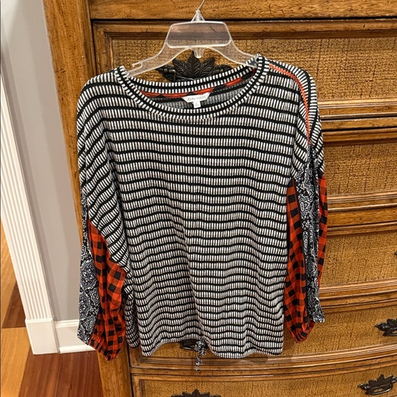John Mark Black and White Striped Blouse with Red and Orange Accents - Picture 1 of 4